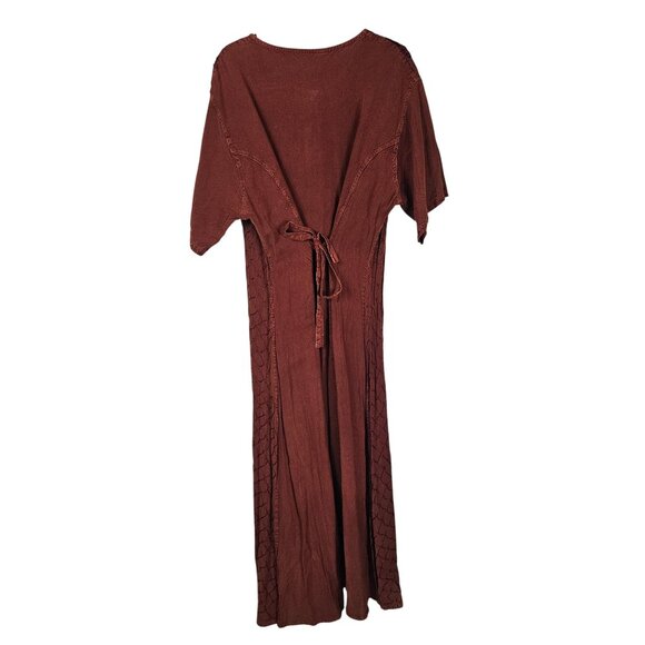 Bohemian Embroidered Maxi Dress OS Rust Button Front Tie Back Flowy Viscose - Picture 2 of 10